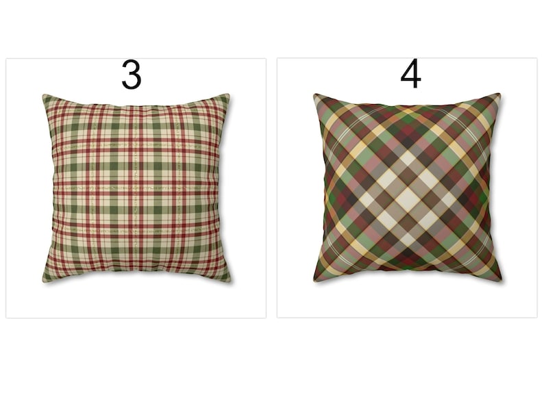 May include: Two square throw pillows with plaid patterns. One pillow features a green, red, and beige plaid design. The other pillow has a diagonal plaid pattern in shades of green, red, beige, and gold. The pillows are displayed on a white background.