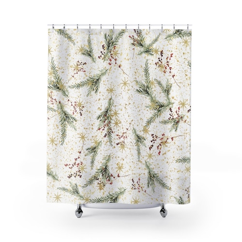 Christmas Shower Curtain Green Leaf Bathtub Curtain Bathroom Etsy