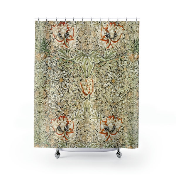 William Morris Honeysuckle Pattern Shower Curtain, Botanical Bathtub Curtain, Bathroom Decor Accessory, Green Leaves and Floral Bath Curtain