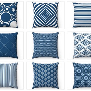 May include: Nine different throw pillow designs featuring geometric patterns in shades of blue and white.