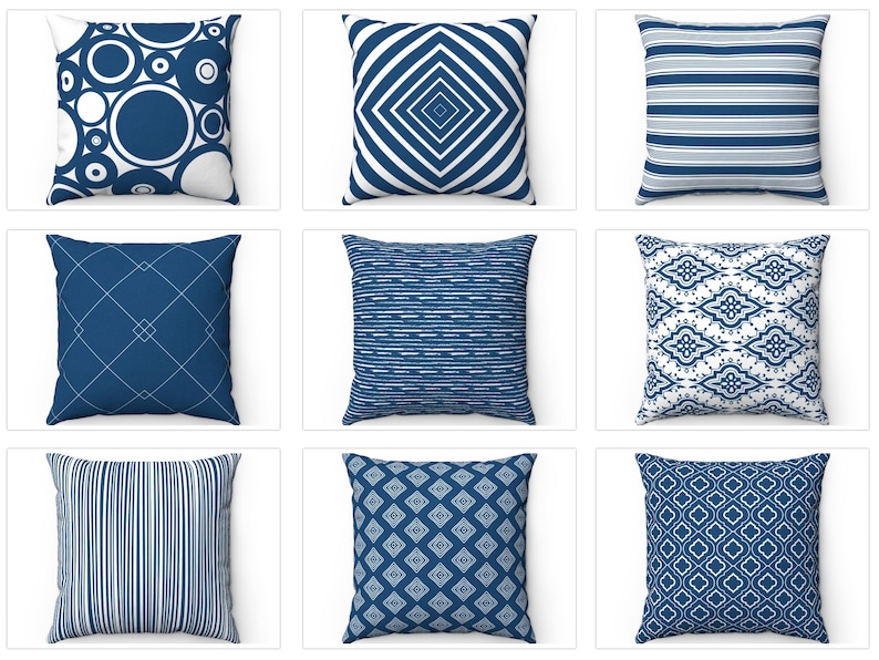 May include: Nine different throw pillow designs featuring geometric patterns in shades of blue and white.