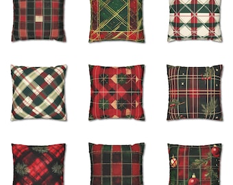 May include: Nine square throw pillows with various plaid patterns in red, green, and white. Some pillows feature gold accents, while others have Christmas-themed designs with ornaments and pine branches. The pillows are square and appear to be made of fabric.