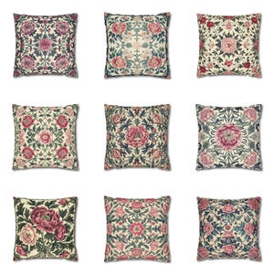 William Morris Style Throw Pillow Cover, Peony Flower Pillow, Outdoor Pillow, Green Pink Cushion Case, Floral Pillow Case, Euro Sham Gift