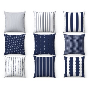 Navy Striped Pillow, Blue White Throw Pillow Cover, Outdoor Pillow, Indoor Couch Accent, Farmhouse Cushion Case, Navy Euro Sham 26x26