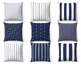 Navy Striped Pillow, Blue White Throw Pillow Cover, Outdoor Pillow, Indoor Couch Accent, Farmhouse Cushion Case, Navy Euro Sham 26x26