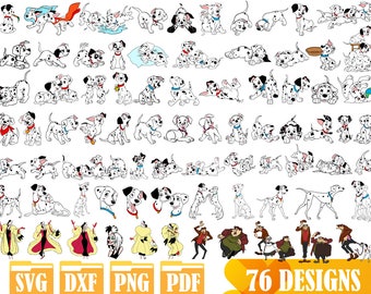 Peut inclure: Un ensemble de 76 fichiers de découpe numériques en noir et blanc représentant différentes poses de chiots dalmatiens. Les motifs comprennent une variété de poses, notamment assis, debout, couché et en train de jouer. Il y a aussi plusieurs motifs de Cruella d'Enfer, la méchante du film Disney 101 Dalmatiens.