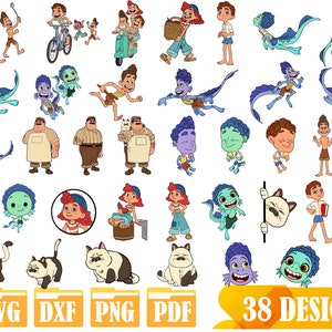 May include: A set of 38 colorful cartoon character designs featuring a variety of characters, including a cat, a dog, a mermaid, a monster, and a human. The designs are perfect for use in crafts, scrapbooking, and other creative projects.
