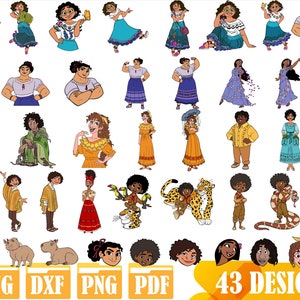 May include: A set of 43 colorful cartoon illustrations featuring various characters, animals, and objects. The characters are depicted in different poses and expressions, including a woman holding a butterfly, a man with a mustache, and a girl with a flower in her hair. The animals include a jaguar, a toucan, a snake, and a capybara. The objects include a soccer ball, a flower, and a musical instrument.