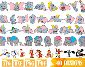May include: A set of 40 digital cut files featuring Dumbo the elephant in various poses. The files are available in SVG, DXF, PNG, and PDF formats. The designs include Dumbo flying, Dumbo with his mother, Dumbo with a feather, and Dumbo with a circus hat.