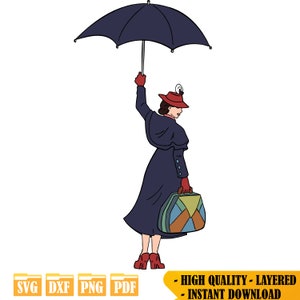 May include: A woman in a blue coat and red hat walks with a suitcase and an umbrella. The suitcase has a colorful geometric pattern.