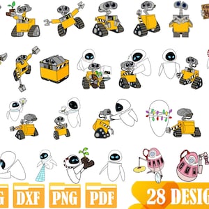 May include: A set of 28 digital designs featuring a robot character in various poses and expressions. The robot is yellow and white with black details. The designs are perfect for crafting projects, scrapbooking, and more.