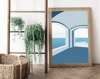 Blue Sea Architectural Art Print: Coastal Mediterranean Decor (Digital Download)