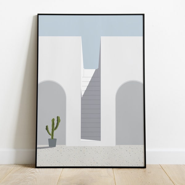 Architecture print, Printable wall art with mediterranean style, Minimalist architecture illustration, Calming wall art