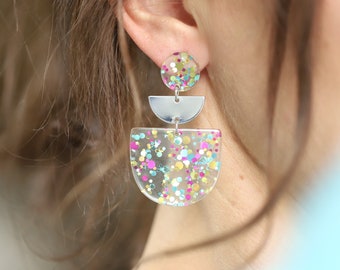 Statement earrings silver / modern earrings / boho earrings / glitter / geometric earrings / colorful / gifts for women for Mother's Day