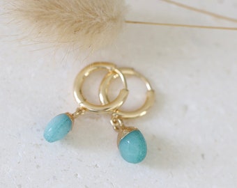 Gold hoop earrings with turquoise jade pendant / 18 K gold / small hanging earrings / bridal jewelry earrings / gifts for women for Mother's Day