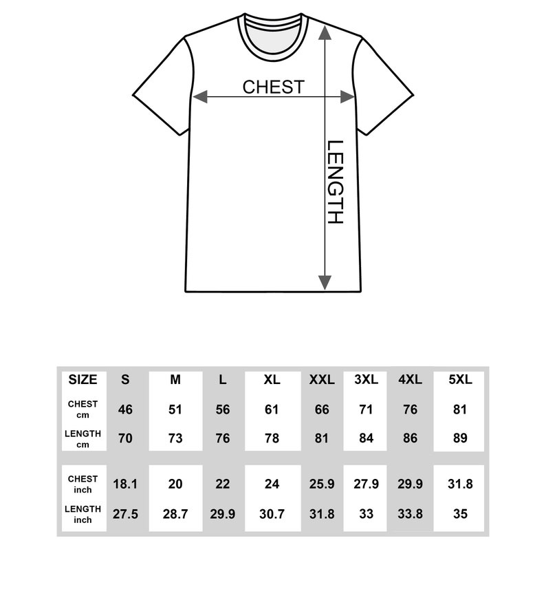 以下が含まれることがあります： インチとセンチメートルで測定されたTシャツのサイズチャート。チャートは、Sから5XLまでのサイズについて、胸囲と着丈の測定値を示しています。