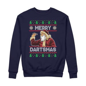 May include: A navy blue long-sleeve sweatshirt featuring a graphic of Santa Claus throwing a dart. The design includes the text MERRY DARTSMAS, small dartboard icons, and green Christmas tree patterns arranged in horizontal rows.