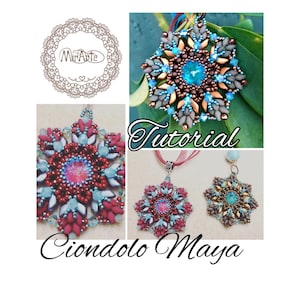 Può includere: Un collage con design di ciondoli di perline in vari colori, tra cui turchese, rosso e marrone. I ciondoli hanno un design a stella con una gemma centrale. La parola "Tutorial" è scritta in corsivo.