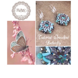 Può includere: Un paio di orecchini a farfalla turchese e argento con un design a perline. Gli orecchini sono su uno sfondo marrone con il testo "Tutorial Orecchini Butterfly".