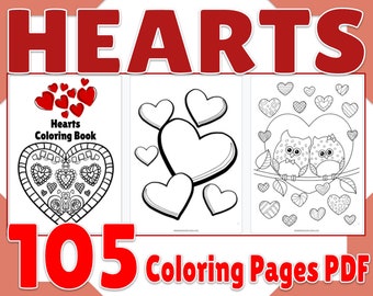 Printable Heart Coloring Book 105 Page PDF, Heart Coloring Pages, Birthday Activity, Party Favor, Heart Digital Coloring Sheets for Kids