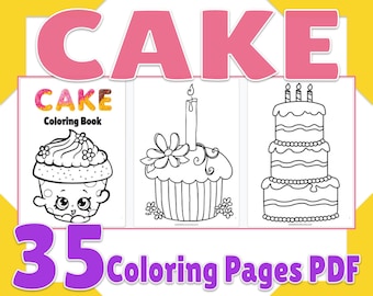 Cake Coloring Pages, Printable Cute Cake Coloring Book 35 Page PDF, Birthday Activity, Party Favor, Cake Digital Coloring Sheets for Kids