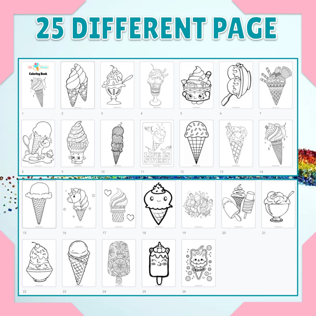 Ice Cream Coloring Pages, Printable Ice Cream Coloring Book 25 Page PDF ...