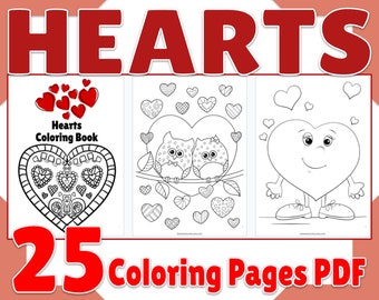 Printable Heart Coloring Book 25 Page PDF, Cute Heart Coloring Pages, Birthday Activity, Party Favor, Heart Digital Coloring Sheets for Kids