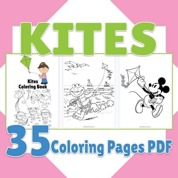 Cute Kite Coloring Pages, Printable Kite Coloring Book 35 Page PDF, Birthday Activity, Party Favor, Kites Digital Coloring Sheets for Kids