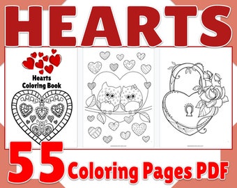 Heart Coloring Pages, Printable Heart Coloring Book 55 Page PDF, Birthday Activity, Party Favor, Heart Digital Coloring Sheets for Kids