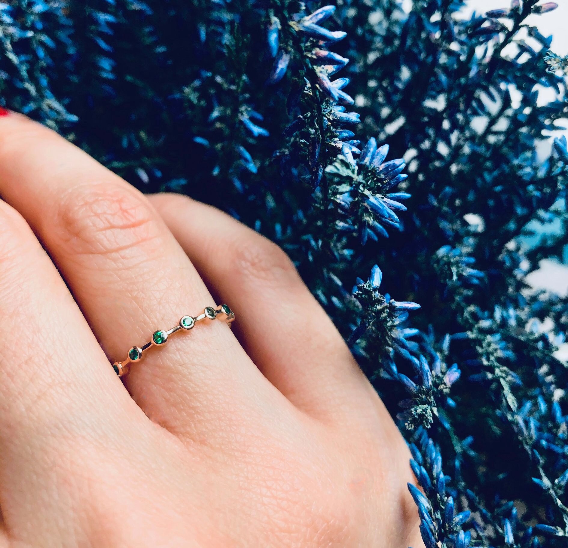 Emerald Band, 18k Gold Ring, May Birthstone, Bezel Stackable Band