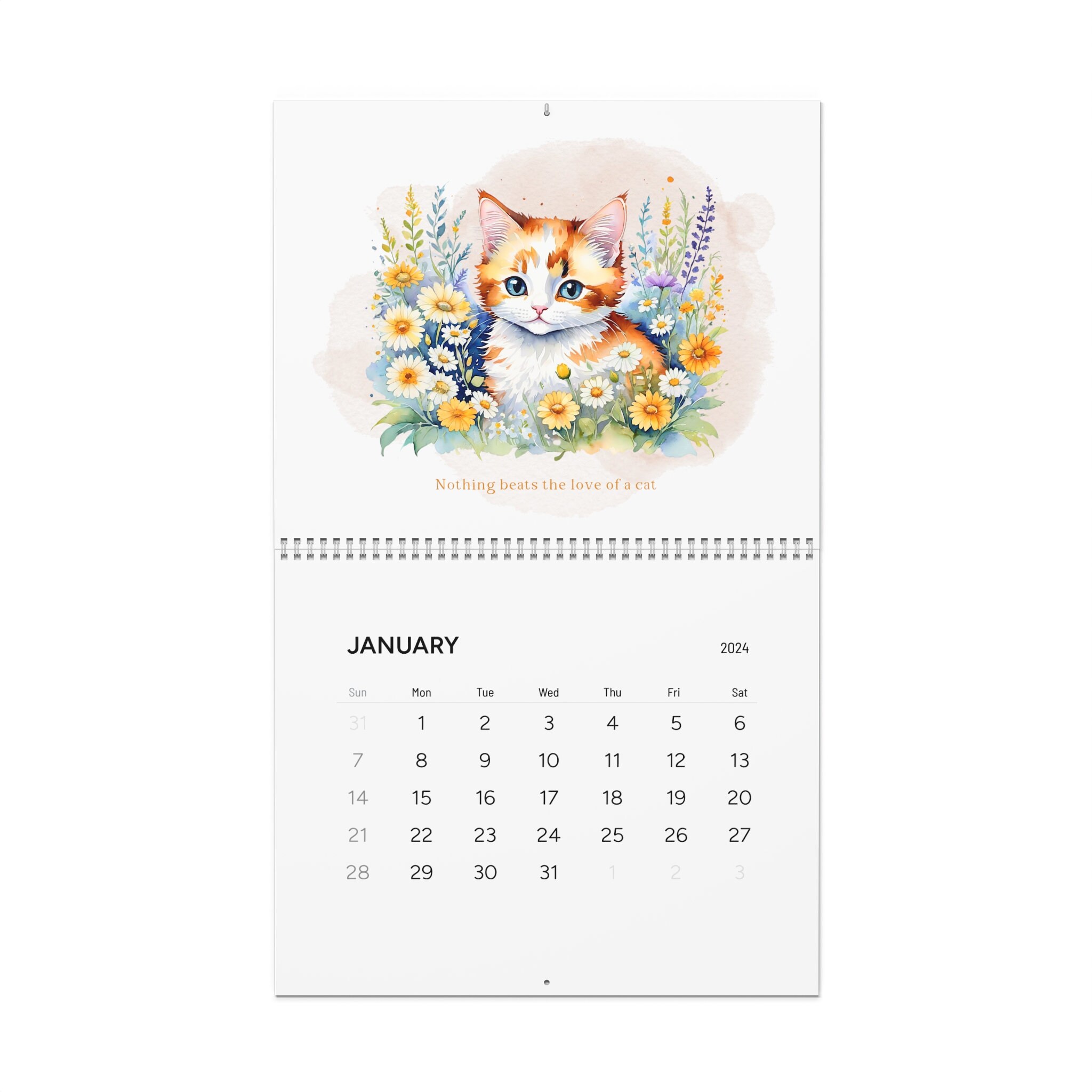 Wall Calendar 2024 Watercolor Cute Cat Yearly Calendar Etsy