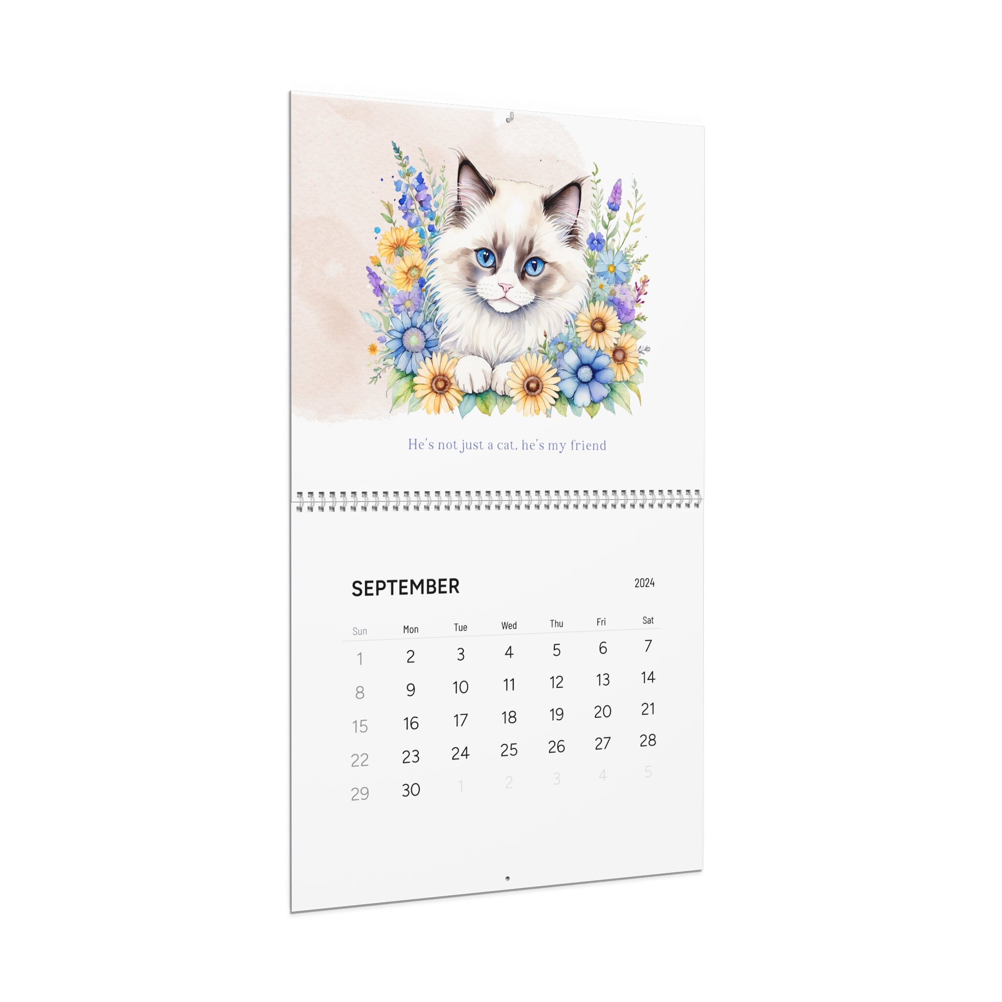 Wall Calendar 2024 Watercolor Cute Cat Yearly Calendar Etsy