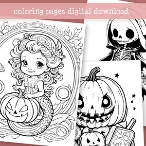 Printable Halloween Coloring Book for Kids, Spooky Witch and Zombie Colouring Pages, Cute Pumpkin and Mermaid JPEG File Digital Download