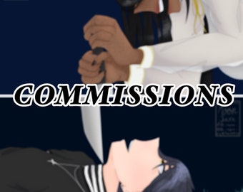 May include: A digital illustration of two people, one holding a knife and the other lying on the ground. The text "COMMISSIONS" is written in bold, black letters across the middle of the image.