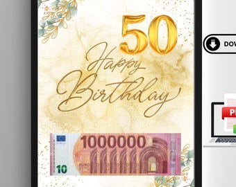 Bargeldgeschenk zum 50. Geburtstag, Deine erste Million, Geld kreativ verschenken, Last-Minute-Geschenk zum selberausdrucken, PDF, Geschenk zum 50