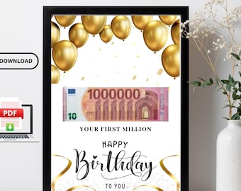 Birthday cash gift, First million, Birthday gift, Last minute gift, Instant download PDF, A4 A3 Give money creatively, Gift for mom dad