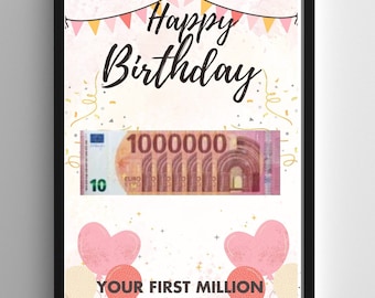 Birthday cash gift, Birthday gift, First million, Last-minute gift, Download to print, PDF, A4 A3  Give money, PDF Template Printable