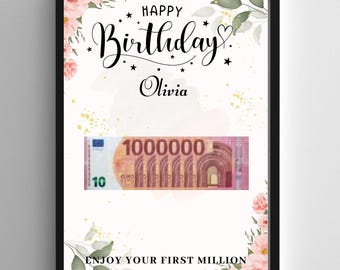 Money Gift &quot;Your First Million!&quot;, Personalized PDF Template Printable, Birthday Gift Personalizable,Birthday Gift DYI,Creative money Present