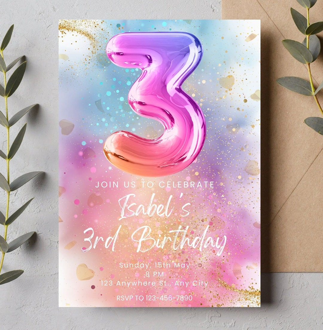 Editable Pink 3rd Birthday Invitation Template Glitter - Etsy
