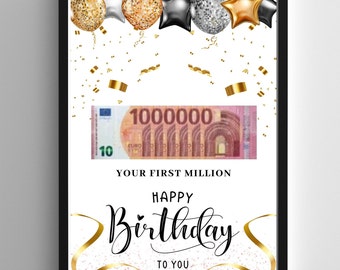 Geldcadeau "Je eerste miljoen!", PDF-sjabloon afdrukbaar, verjaardagscadeau, cadeaus voor haar, cadeaus voor zus, geld aanwezig DIY, geschenken vriendje