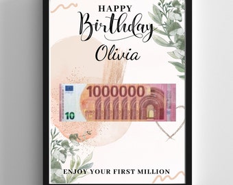 Regalo de dinero "¡Su primer millón!", Plantilla PDF personalizada imprimible, Regalo de cumpleaños personalizable, Regalo de cumpleaños DYI, Dinero creativo presente