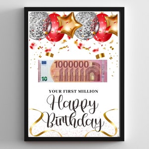 Pode incluir: Um cartão branco com um fundo de confete vermelho e dourado. O cartão tem uma imagem de uma nota de 100.000 euros e o texto "Your First Million Happy Birthday".