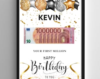 Geldcadeau "Your First Million!", gepersonaliseerde pdf-sjabloon afdrukbaar, verjaardagscadeau personaliseerbaar, verjaardagscadeau DYI, cadeau voor creatief geld