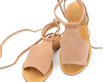 Handmade Pink Leather Tie-Up Sandals, Greek Style