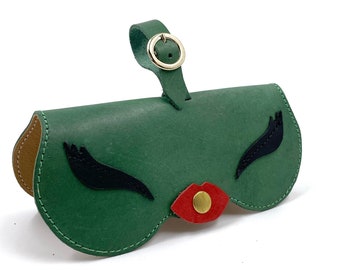 Estuche de cuero para gafas de sol con cejas verde, estuche minimalista para gafas de mujer, estuche de cuero para gafas de lectura, estuche para gafas de sol con correa de sujeción