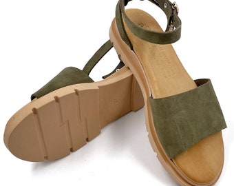 Handmade Khaki Leather Greek Sandals with Ankle Strap