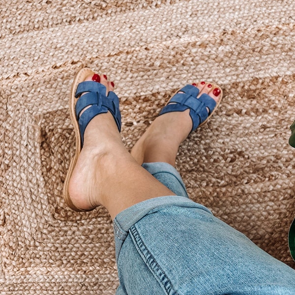 Blue Leather Sandals, Women's Blue Slip On Sandals, Flat Blue Sandals, Handmade Leather Sandals For Women, Blue Handmade Greek Sandals