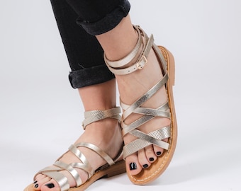 Sandalias gladiadoras de cuero griego hechas a mano, zapatos de verano dorados con tiras.