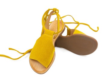 Handmade Greek Leather Lace Up Sandals, Yellow Summer Shoes