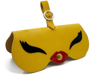 Estuche de cuero hecho a mano para gafas de sol, diseño de ceja amarilla
